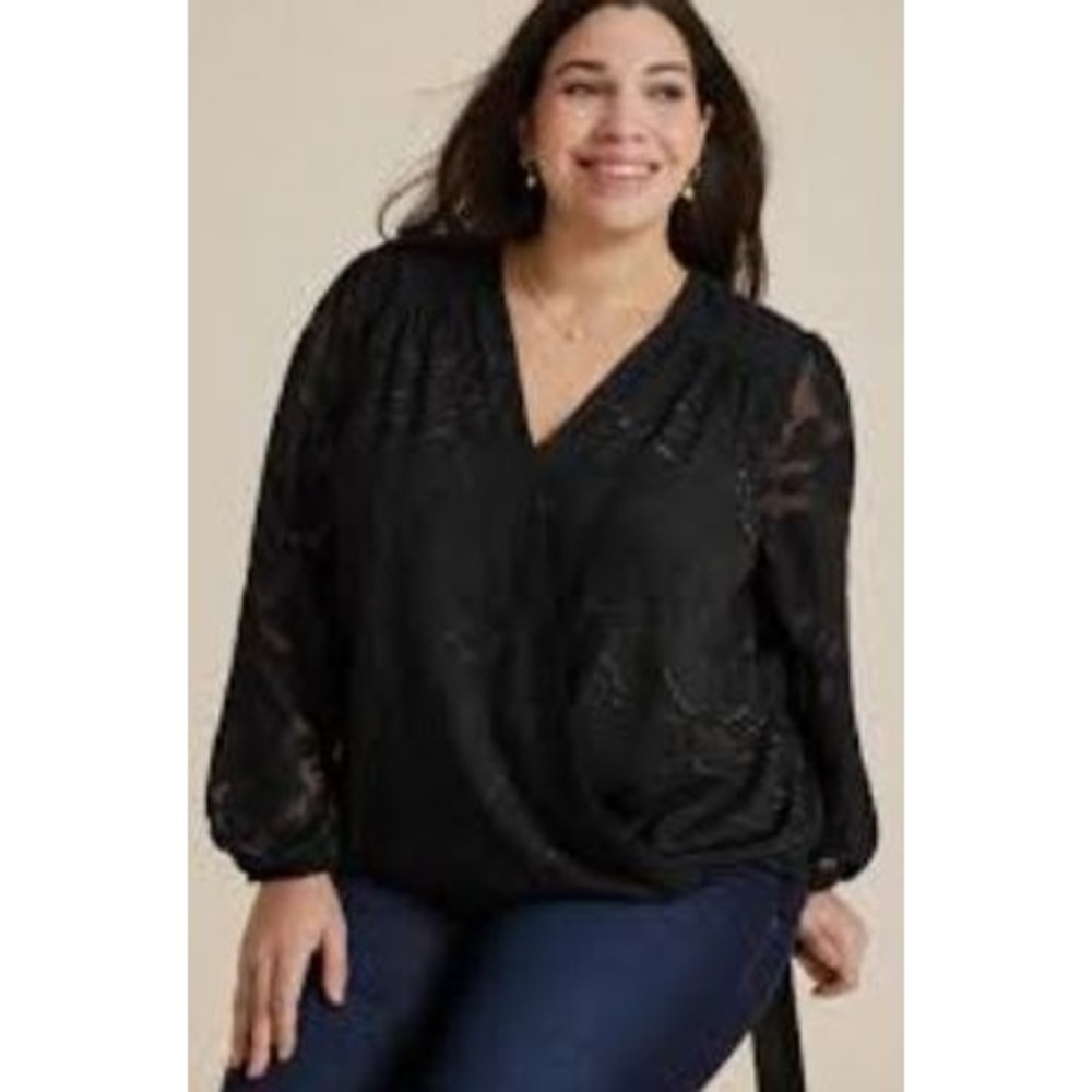 Maurices Womens XL Blouse Black Jacquard Floral Metallic Shimmer‎ Wrap Top